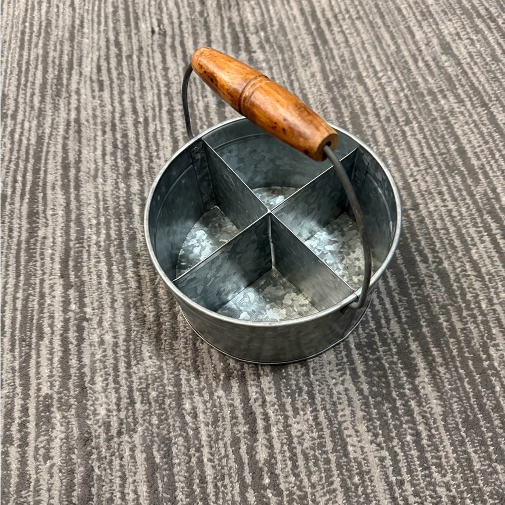 Galvanized Metal Divided Caddy with Wooden Handle - Rustic Silver